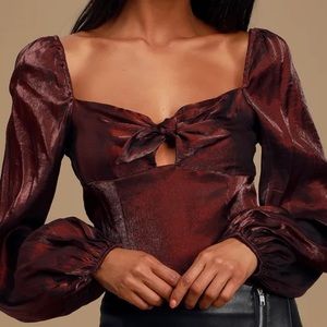 Chic Perspective Wine Red Satin Tie-Front Puff Sleeve Top